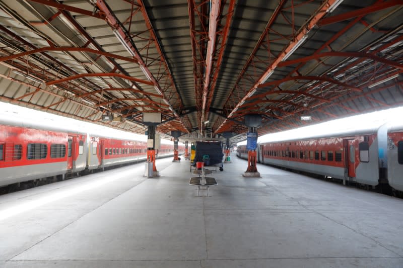 A view shows a deserted platform at a railway station during lockdown by the authorities to limit the spreading of coronavirus disease (COVID-19), in New Delhi