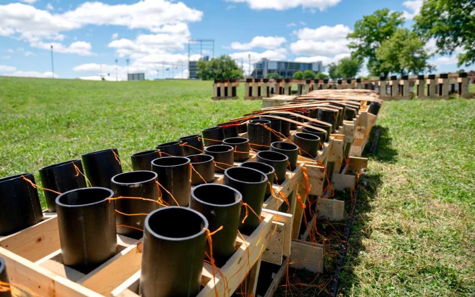 A set of fireworks that are wired with an e-match and placed in their proper location for the Central PA 4th Fest fireworks show on Monday, July 1, 2024. Because of the size of the show it takes several days to be set up with each firework shell placed and wired.