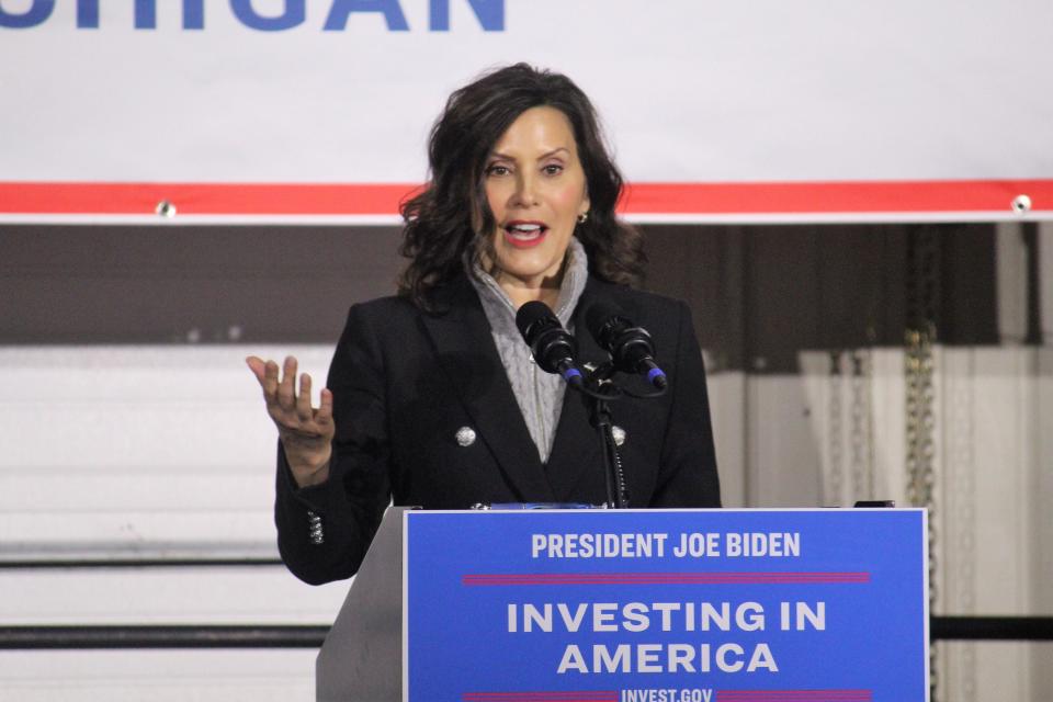 Gov. Gretchen Whitmer speaks at Palisades Nuclear Power Plant following the announcement of a federal loan to support repowering the plant.