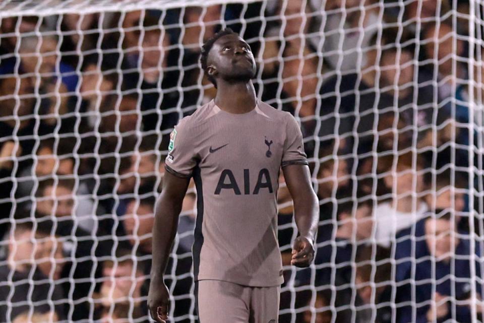 Missed penalty: Davinson Sanchez was the villain as Spurs lost on penalties to Fulham in the Carabao Cup  (Action Images via Reuters)