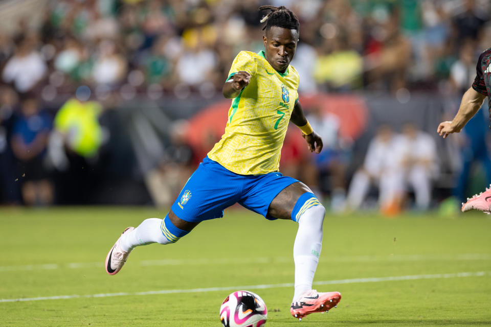 Brazil forward Vinicius Junior winds up for a shot during an international friendly against Mexico on June 8. (Matthew Visinsky/Icon Sportswire via Getty Images)