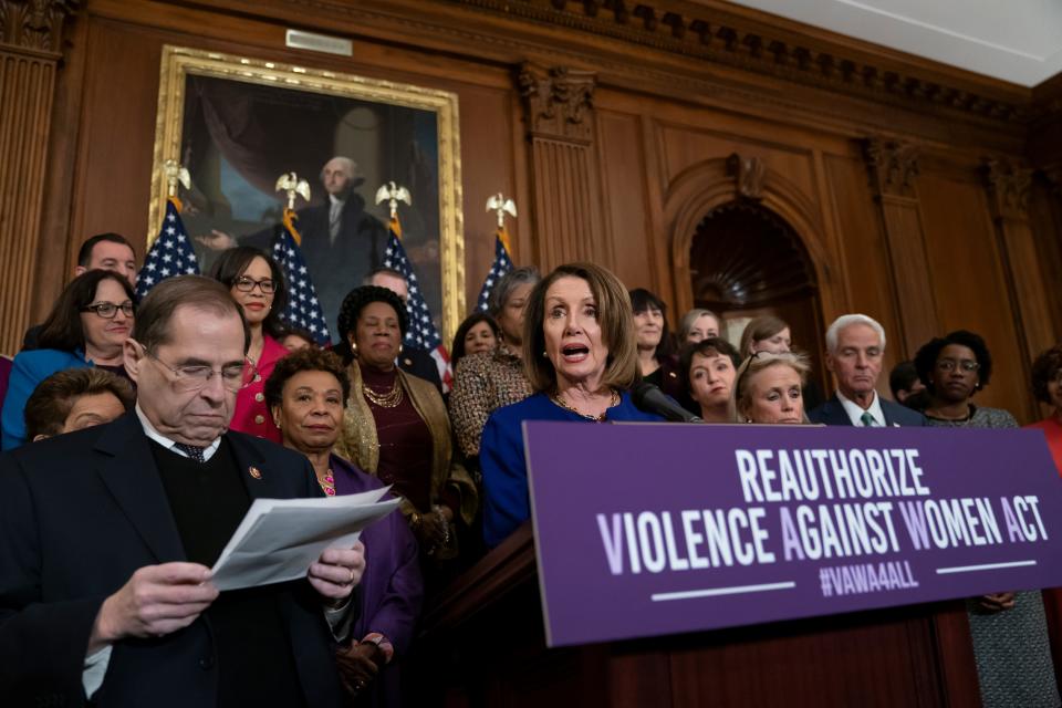 House Speaker Nancy Pelosi, D-Calif., addresses plans to reauthorize the Violence Against Women Act at the Capitol in March 2019.