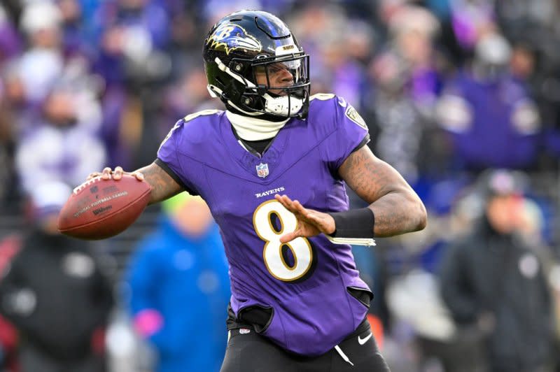 Baltimore Ravens quarterback Lamar Jackson throws a pass against the Houston Texans during the first half an AFC divisional playoff game Saturday at M&ampT Bank Stadium in Baltimore. Photo by David Tulis/UPI