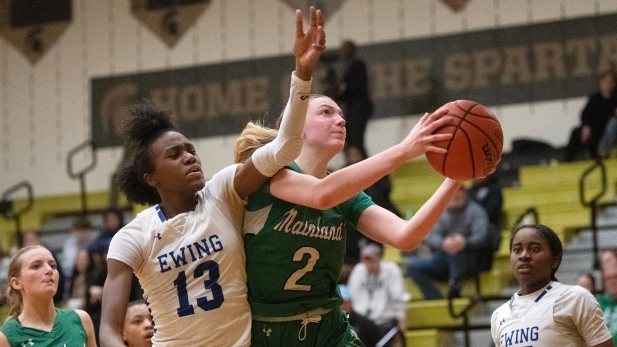 Mainland's Sydney Stokes puts up a shot during the state Group 3 girls basketball semifinal playoff game between Mainland and Ewing played at Deptford High School on Wednesday, March 6, 2024.