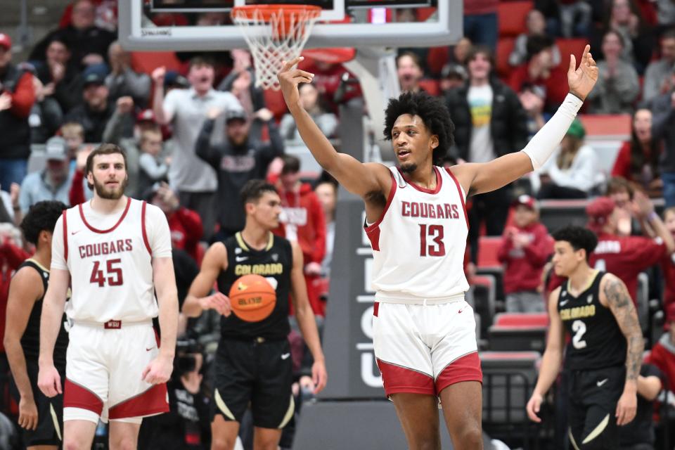 Washington State Cougars forward Isaac Jones (13) celebrates after a play against the Colorado Buffaloes in the second half at Friel Court at Beasley Coliseum Jan. 27, 2024, in Pullman, Washington. Washington State won 78-69.