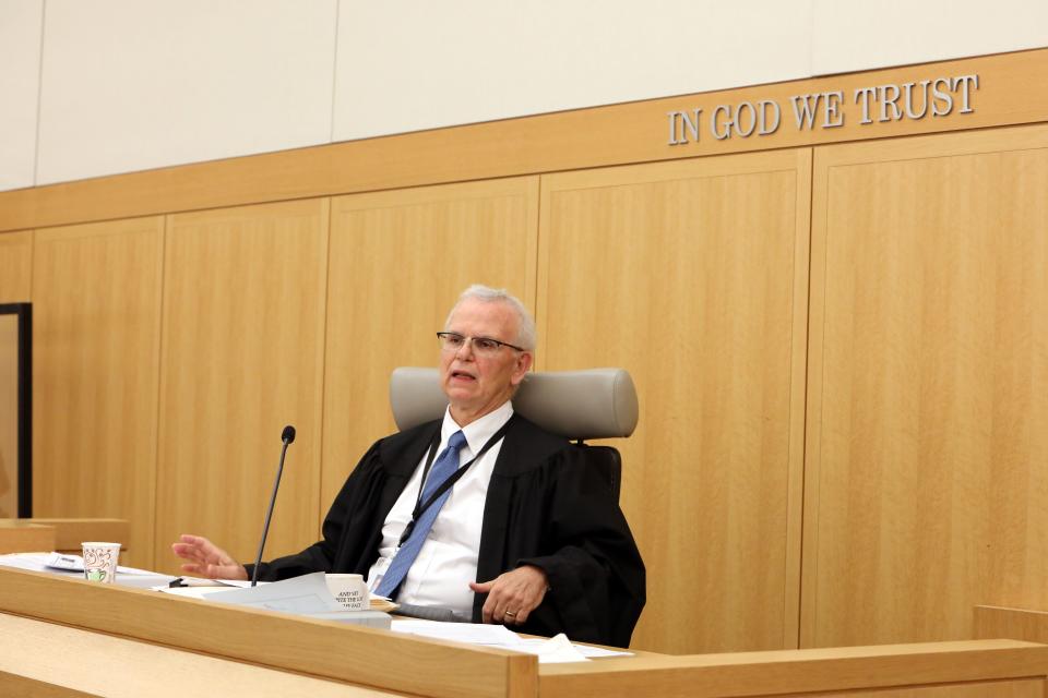 Judge James McCarty speaks during Dr. Alika Crew's sentencing for first-degree assault in the 2020 stabbing attack on ex-fiance's girlfriend, Sept. 15, 2023 at Westchester County Court in White Plains. Dr. Crew's lawyers are seeking leniency under state Domestic Violence Survivors Justice Act that allows mitigation if criminal conduct resulted from significant domestic abuse.