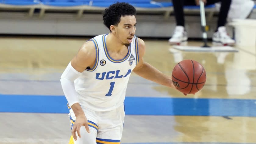 UCLA guard Jules Bernard dribbles during a game against Colorado on Jan. 2, 2021, in Los Angeles.