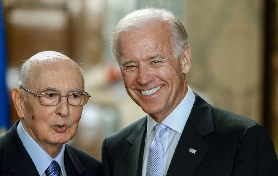 FILE - Italian President Giorgio Napolitano, left, welcomes US Vice President Joe Biden at the Quirinale presidential palace in Rome, Wednesday, June 1, 2011. Giorgio Napolitano, the first former Communist to rise to Italy’s top job — president of the Republic — and the first president to be re-elected, has died Friday, Sept. 22, 2023. He was 98. (AP Photo/Gregorio Borgia, File)