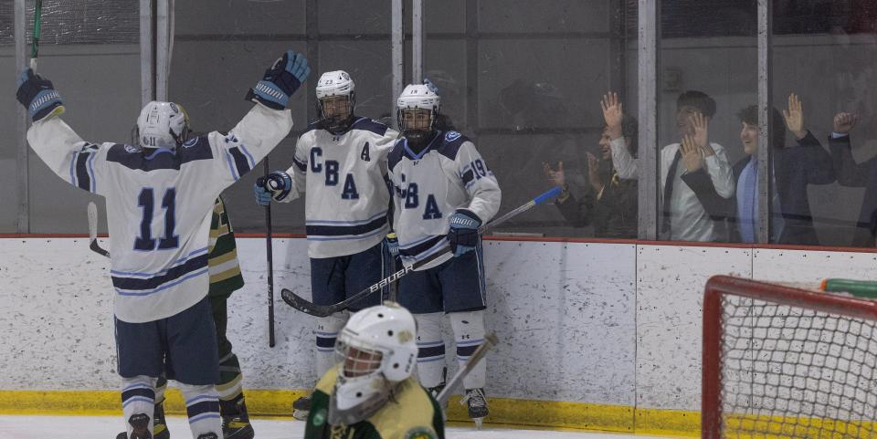 CaB Christian Chouha gets congratulated after scoring another goal. Christian Brothers Academy hockey dominates St. Joseph’s Montvale in game on February 22, 2023 in Wall, NJ. 