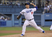 Los Angeles Dodgers starting pitcher Hyun-Jin Ryu throws during the first inning of a baseball game against the San Francisco Giants Wednesday, Aug. 15, 2018, in Los Angeles. (AP Photo/Mark J. Terrill)