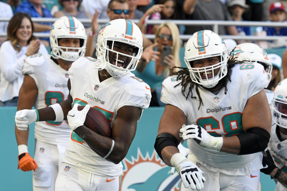 Miami Dolphins receiver Isaiah Ford (87) celebrates after scoring a touchdown. (Photo by Michael Allio/Icon Sportswire via Getty Images)