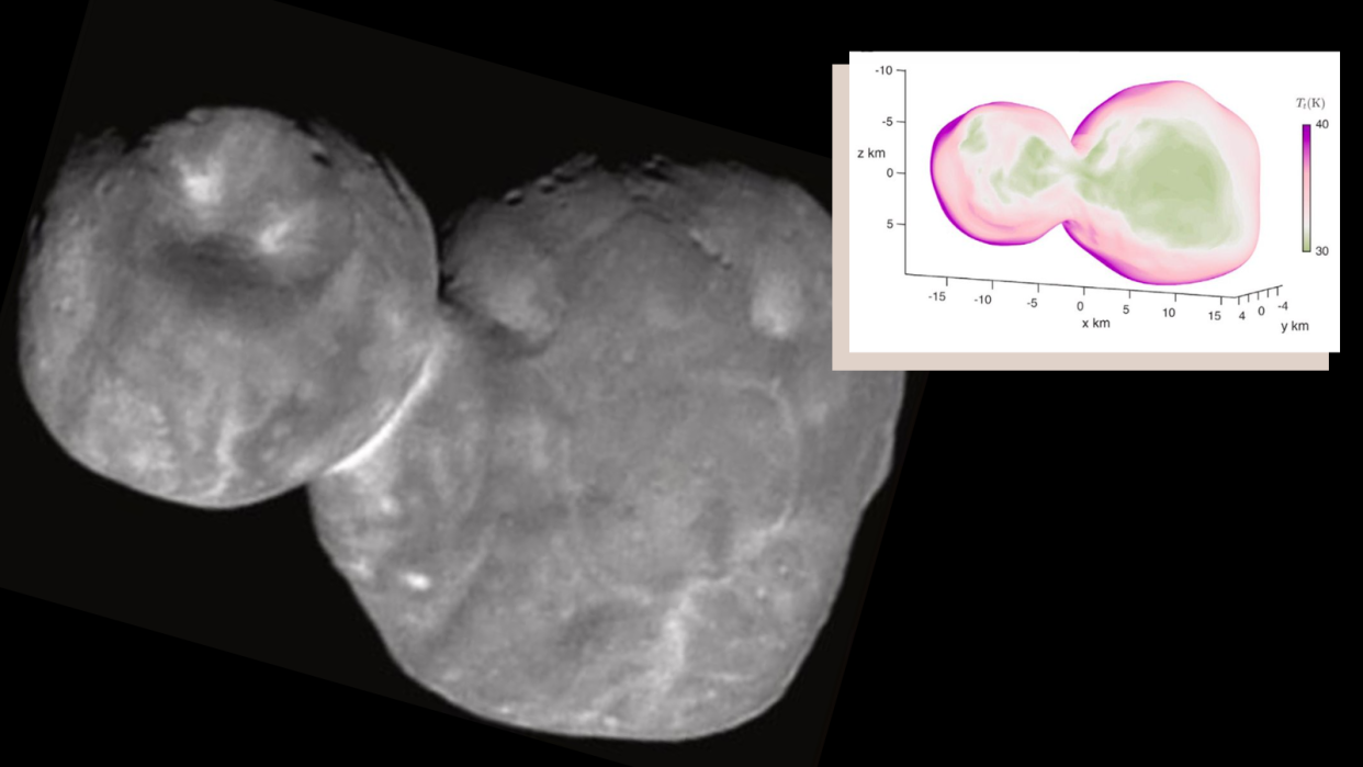  A view of a double-headed gray rock with a diagram on the right that shows its composition. 