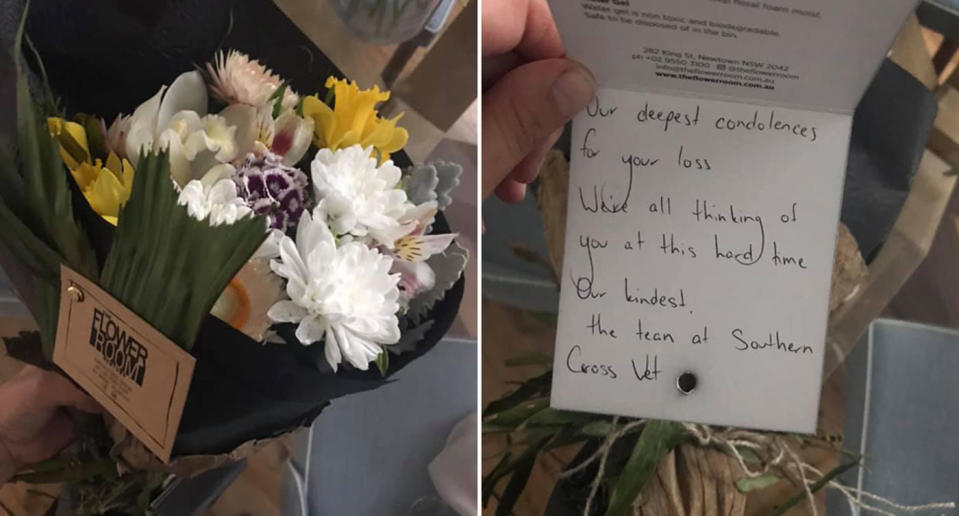 Flowers sent to Tammy Collins from Southern Cross Vet at St Peters after her dog Freda who's she's had for 16 years had to be put down. 