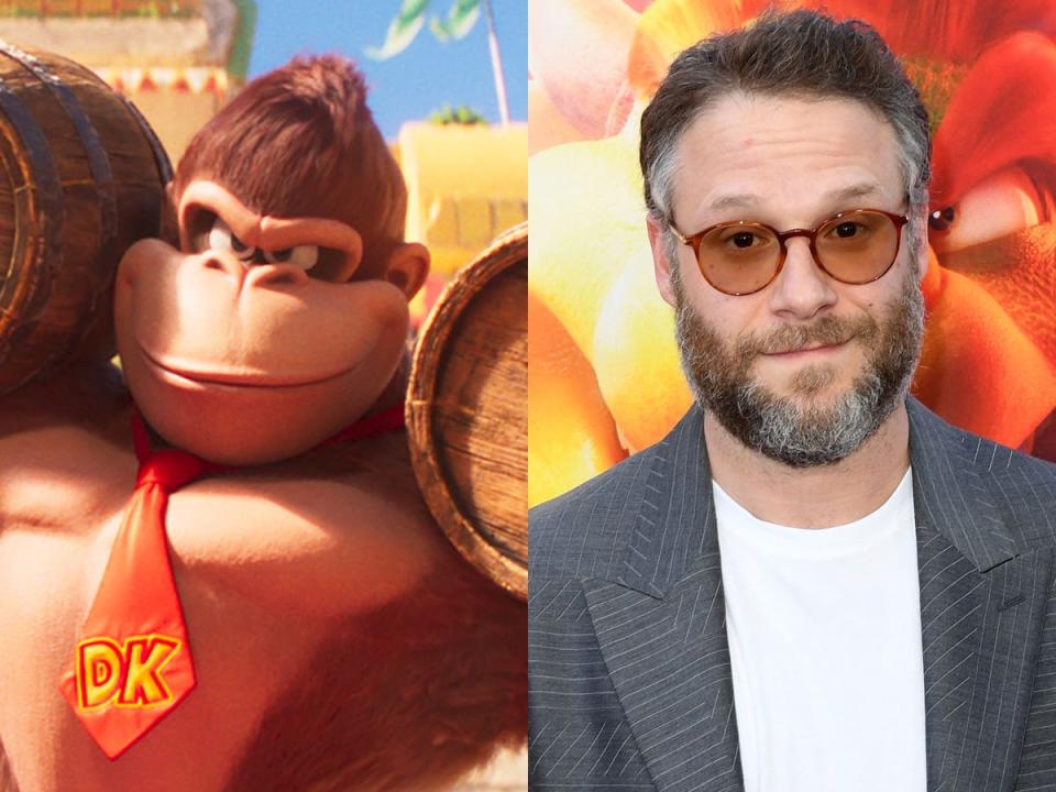 On the left: Donkey Kong in "The Super Mario Bros. Movie." On the right: Seth Rogen at the LA premiere of "The Super Mario Bros. Movie."