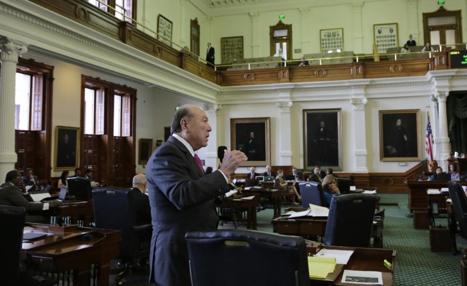 Sen. Juan "Chuy" Hinojosa, D-McAllen, speaks as the Texas Senate debates a contentious "sanctuary cities" proposal that would compel local police to enforce federal immigration laws and is on track to be the first piece of legislation passed by either chamber this session, Tuesday, Feb. 7, 2017, at the Texas Capitol in Austin, Texas. (AP Photo/Eric Gay)