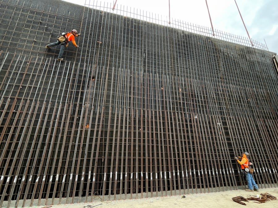 Ironworkers work on the Conejo Viaduct in Fresno County on June 8, 2024. (CaHSR)