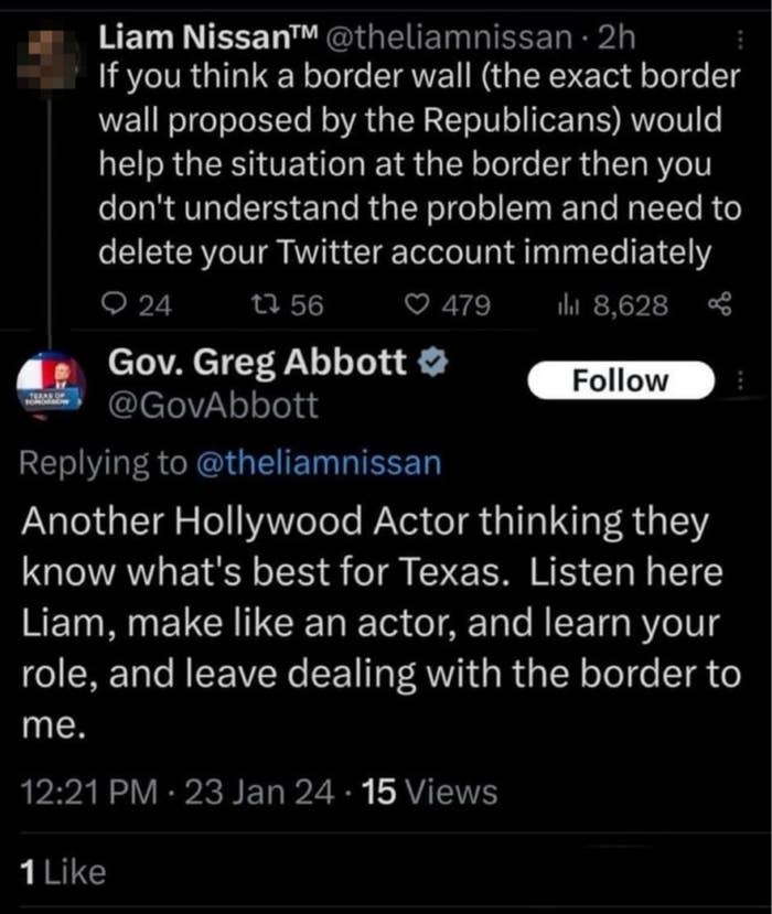 A Twitter account with the name Liam Nissan criticizes the border wall, and Gov. Greg Abbott responds "another Hollywood actor thinking they know what's best for Texas"