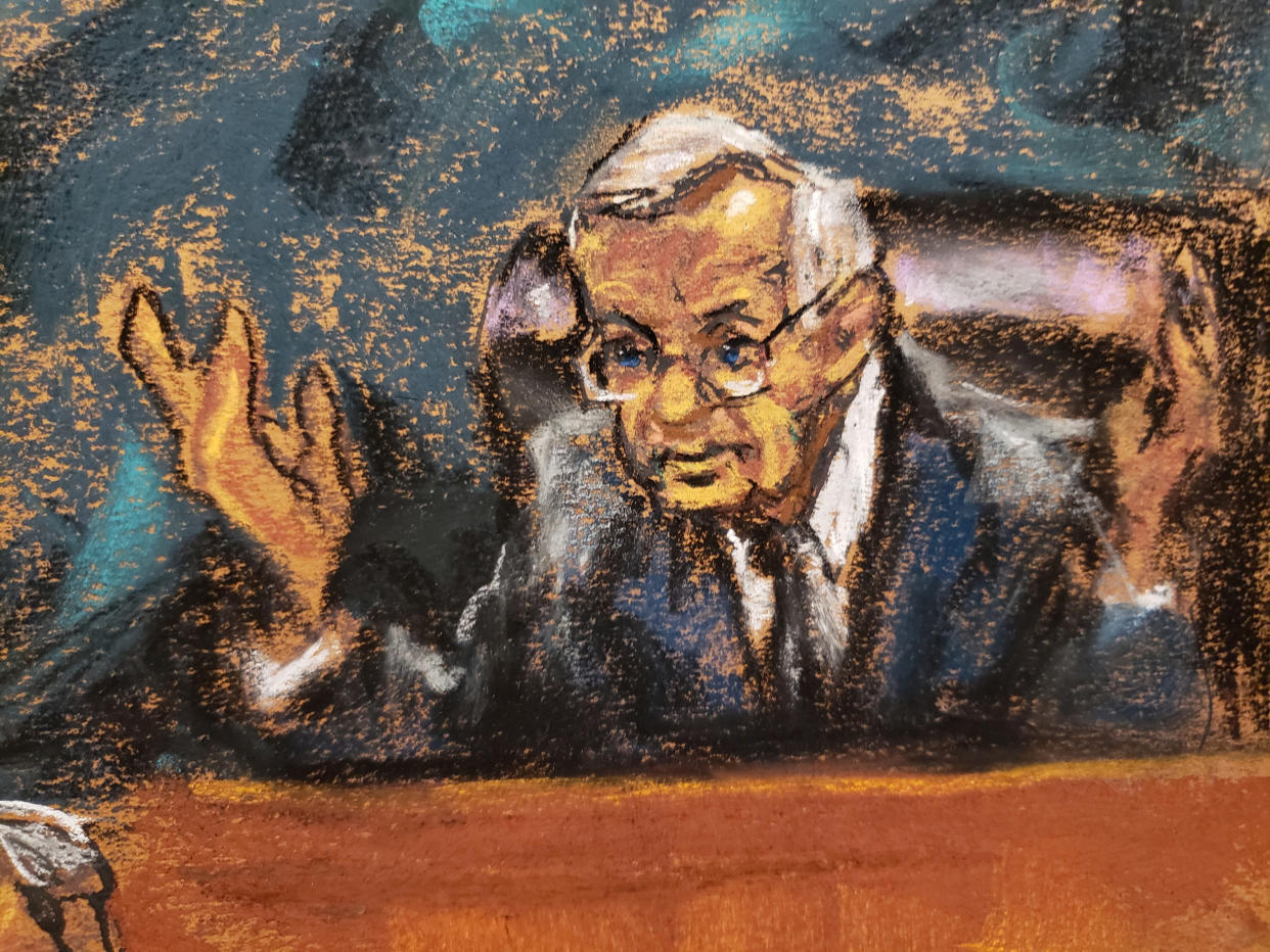 A pastel drawing of Judge Raymond Dearie seated in court, raising both hands in the air in exasperation.