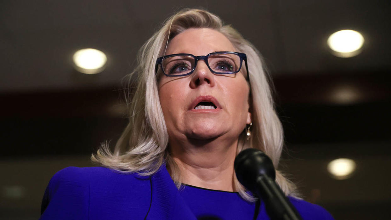 Rep. Liz Cheney (R-WY) talks to reporters after House Republicans voted to remove her as conference chair in the U.S. Capitol Visitors Center on May 12, 2021 in Washington, DC.  (Chip Somodevilla/Getty Images)