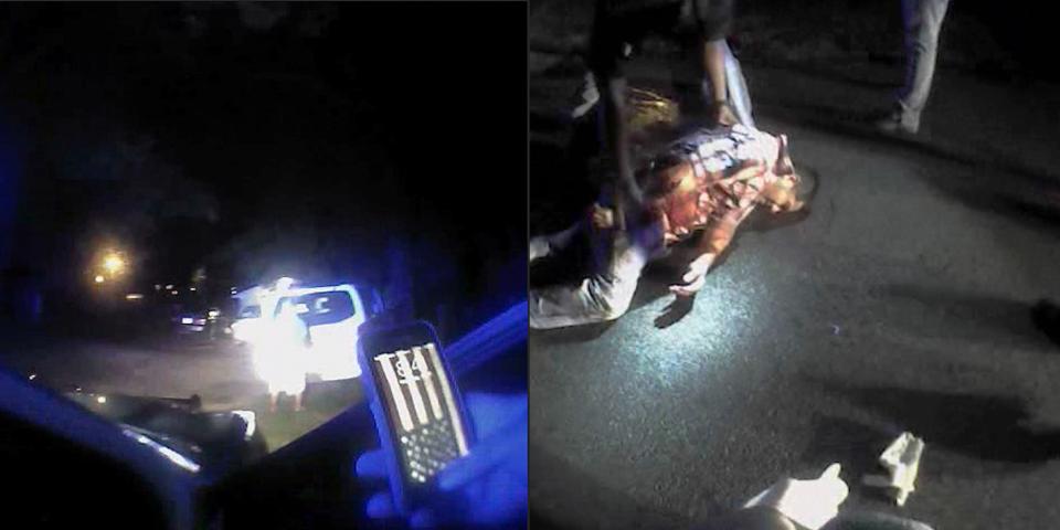 Fuzzy body cam footage showing a car and a cell phone, left, and a man bloodied on the pavement, right