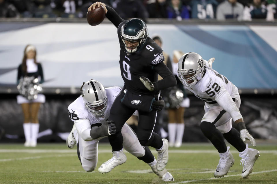 Philadelphia Eagles quarterback Nick Foles struggled in an ugly Monday night game against the Raiders. (AP)