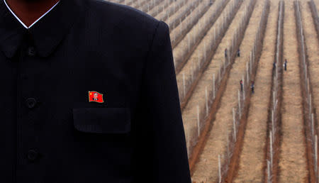 FILE PHOTO - An official of a fruit farm poses while wearing a lapel badge featuring North Korea's founder Kim Il-sung on the outskirts of Pyongyang April 10, 2012. REUTERS/Bobby Yip/File Photo