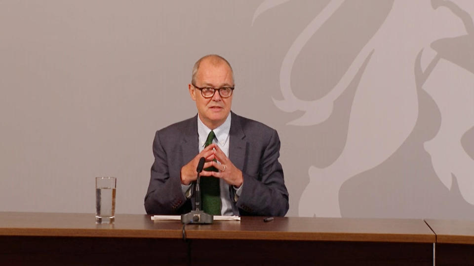 Screen grab of the government's chief scientific adviser Sir Patrick Vallance speaking at a Downing Street briefing to explain how the coronavirus is spreading in the UK and the potential scenarios that could unfold as winter approaches.