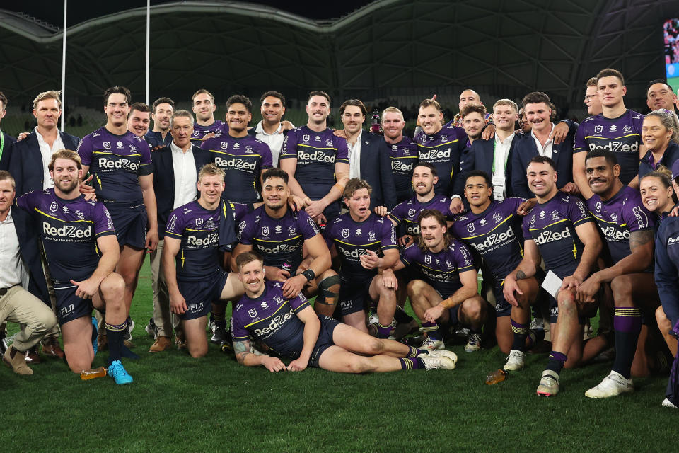 The Melbourne Storm celebrate the minor premiership.