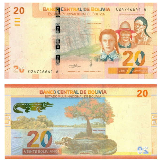 <strong>Billete de 20 bolivianos (US$2.90).</strong><em> Imagen de la web de la Sociedad Internacional de Billetes Bancarias (IBNS, por su iniciales en inglés). Cortesía del The Banknote Book.</em>