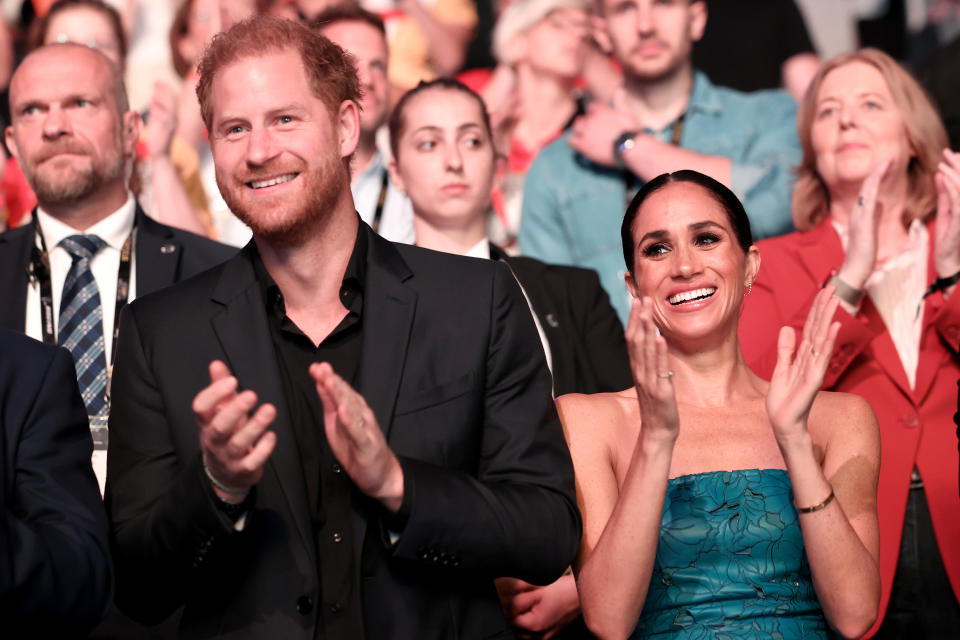 DUESSELDORF, GERMANY - SEPTEMBER 16: Prince Harry, Duke of Sussex, Meghan, Duchess of Sussex attend the closing ceremony of the Invictus Games Düsseldorf 2023 at Merkur Spiel-Arena on September 16, 2023 in Duesseldorf, Germany. (Photo by Chris Jackson/Getty Images for the Invictus Games Foundation)