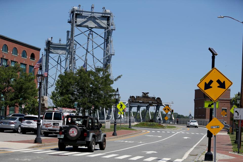 Traffic speeding toward Memorial Bridge, seen here Tuesday, Aug. 2, 2022, is one reason Portsmouth is studying converting State Street to two-way traffic.