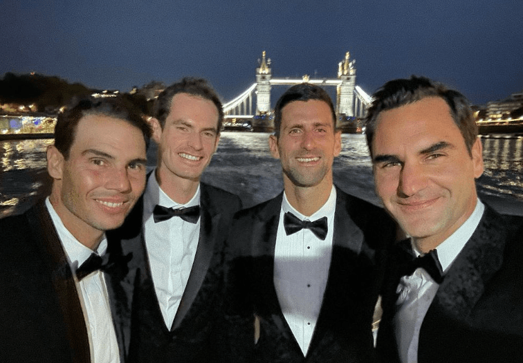 「網壇4巨頭」2022年拉沃盃前同遊倫敦，費德勒（右起）與喬科維奇、莫瑞、納達爾的自拍將成歷史性一刻。（翻攝自費德勒IG）