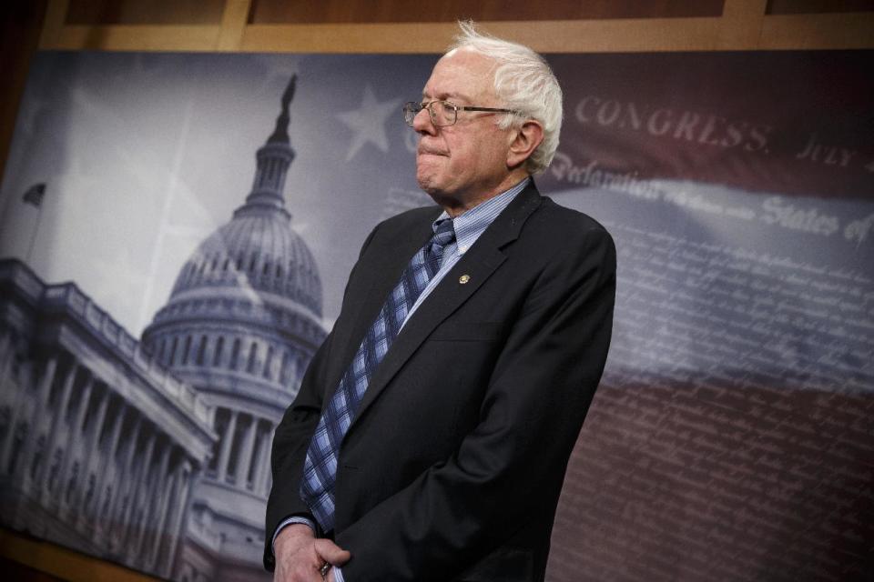 Senate Veterans Affairs Committee Chairman Sen. Bernie Sanders, I-Vt., stands in defeat after a divided Senate derailed Democratic legislation providing $21 billion for medical, education and job-training benefits for the nation's veterans, as the bill fell victim to election-year disputes over spending and whether to slap sanctions on Iran, Thursday, Feb. 27, 2014, on Capitol Hill in Washingtons. (AP Photo/J. Scott Applewhite)