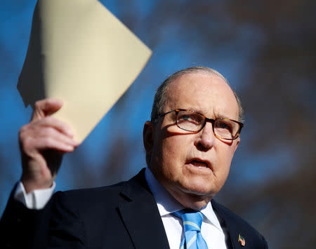 FILE PHOTO: White House economic adviser Larry Kudlow speaks to the media outside the White House in Washington, U.S., December 3, 2018. REUTERS/Jim Young