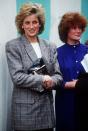 <p>Diana chose an oversized blazer in a classic plaid print for an outing with her sister, <a href="https://www.townandcountrymag.com/society/tradition/a34288939/princess-diana-sister-lady-sarah-mccorquodale/" rel="nofollow noopener" target="_blank" data-ylk="slk:Lady Sarah McCorquodale;elm:context_link;itc:0;sec:content-canvas" class="link ">Lady Sarah McCorquodale</a>, in September 1989.<br></p>