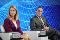 Germany's Minister of Defense Boris Pistorius sits next to Estonia's Prime Minister Kaja Kallas on the last day of the 20th International Institute for Strategic Studies (IISS) Shangri-La Dialogue, Asia's annual defense and security forum in Singapore, Sunday, June 4, 2023. (AP Photo/Vincent Thian)