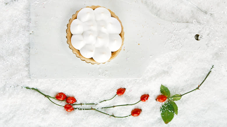 Meringue pie in snow with berry bush decoration