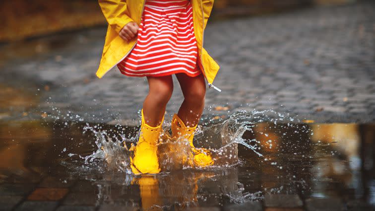 leg of child in rubber boots in puddle on autumn walk