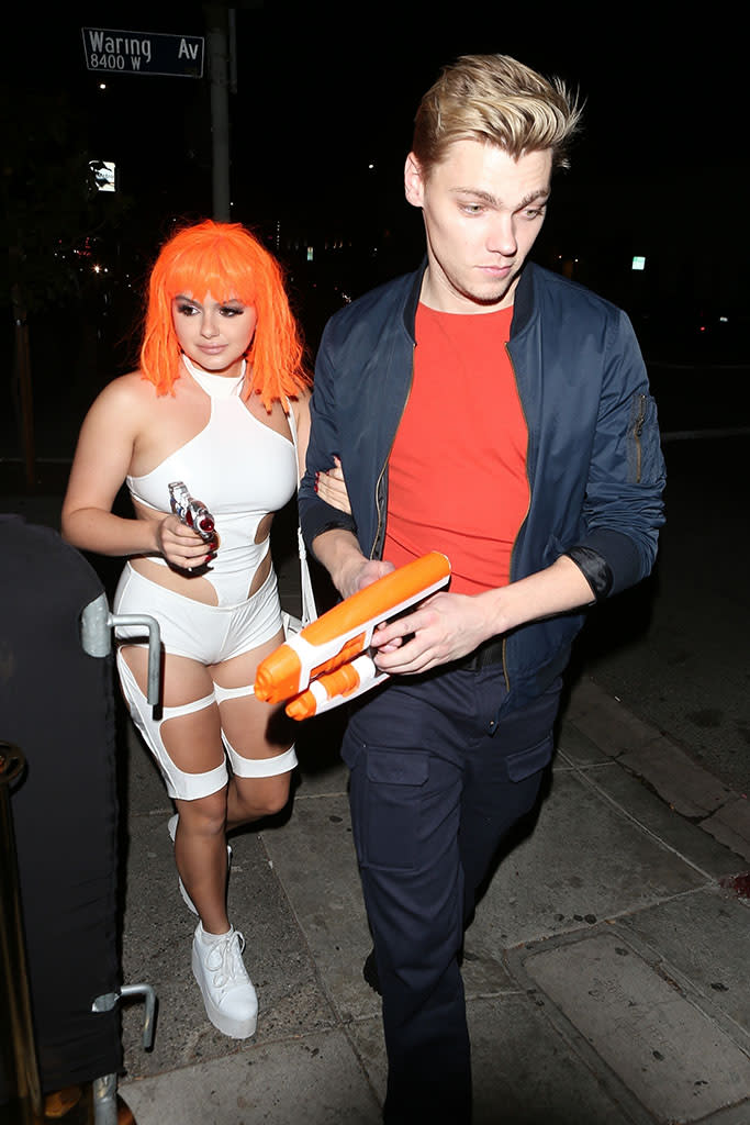 <p>The <i>Modern Family</i> actress and beau Levi Meaden sported looks from <i>The Fifth Element</i> for Matthew Morrison’s annual bash. (Photo: BackGrid) </p>