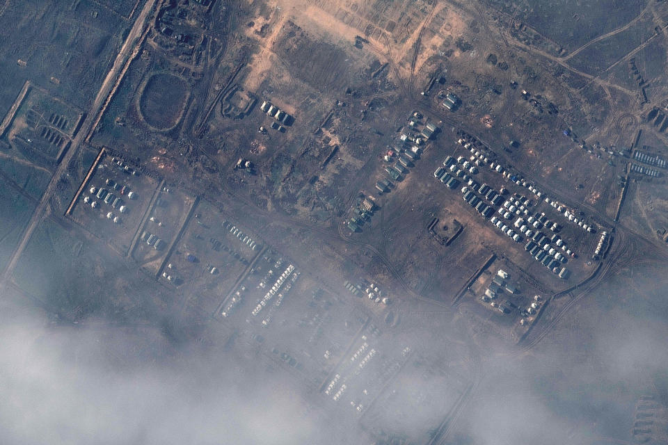 A satellite image taken Dec. 23 shows a deployment of Russian troops at the Opuk training ground in Crimea<span class="copyright">Maxar Tech/AFP/Getty Images</span>