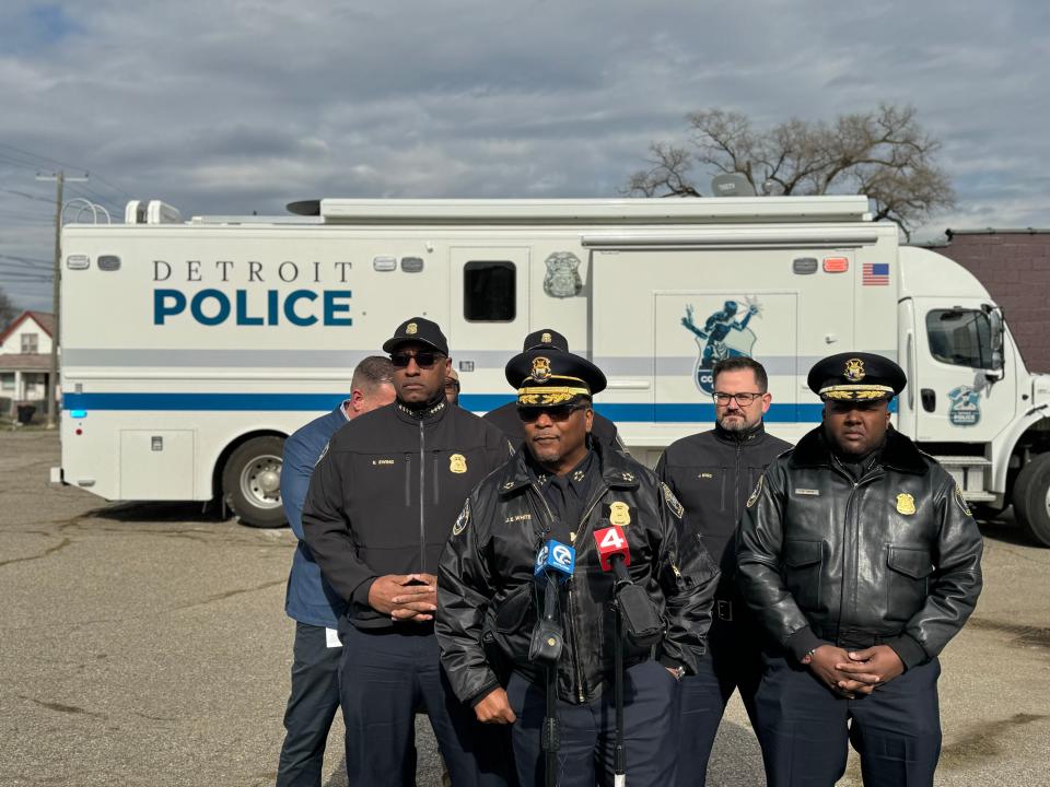 Detroit Police Chief James White addressed concerns over shootings at officers during a news conference at Seneca Street and Harper Avenue on March 19, 2024.