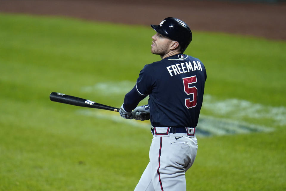 Atlanta Braves' Freddie Freeman watches a foul ball he hit against the Baltimore Orioles during the sixth inning of a baseball game, Wednesday, Sept. 16, 2020, in Baltimore. (AP Photo/Julio Cortez)