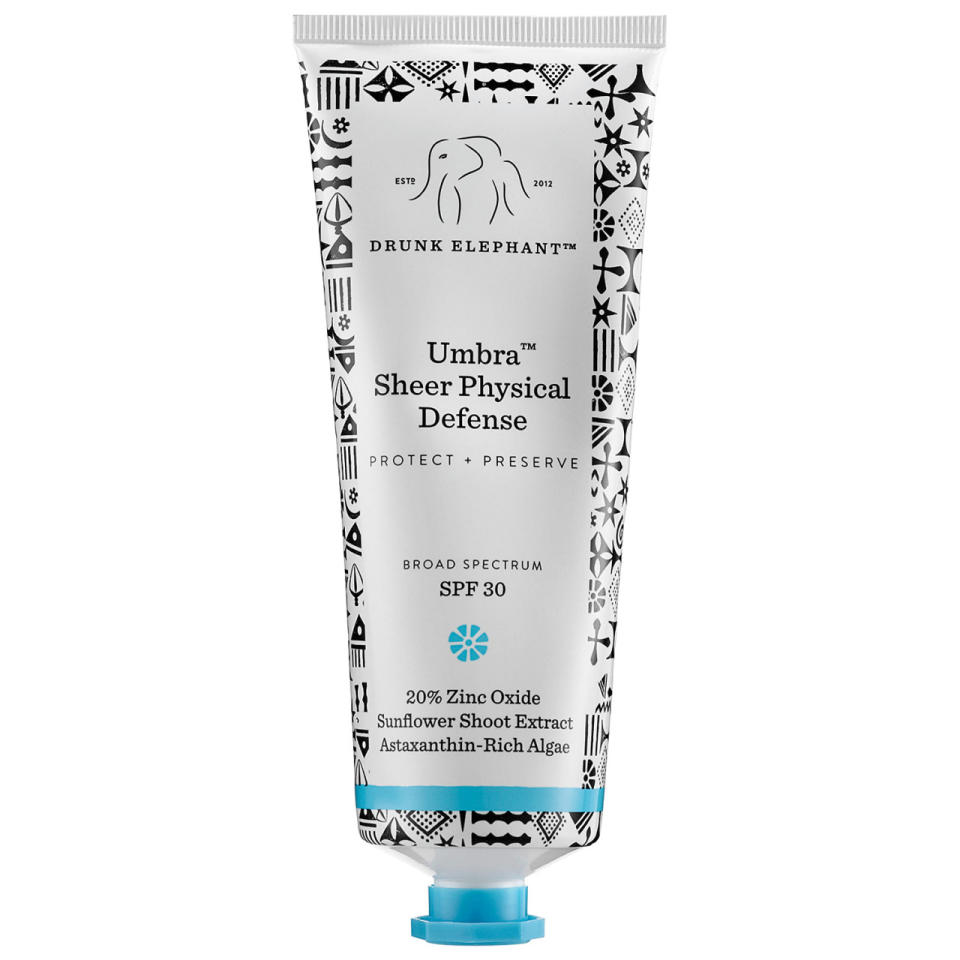 Active Ingredients: 20% zinc oxide While it’s not designed specifically for kids, the thick, easy-to-blend formula has a very high zinc oxide content making it an excellent barrier against UV rays. It also works with even the most sensitive skin thanks to antioxidant rich marula oil, soothing aloe vera, and anti-inflammatory grape juice extract. Drunk Elephant Umbra Sheer Physical Defense SPF 30 ($38)