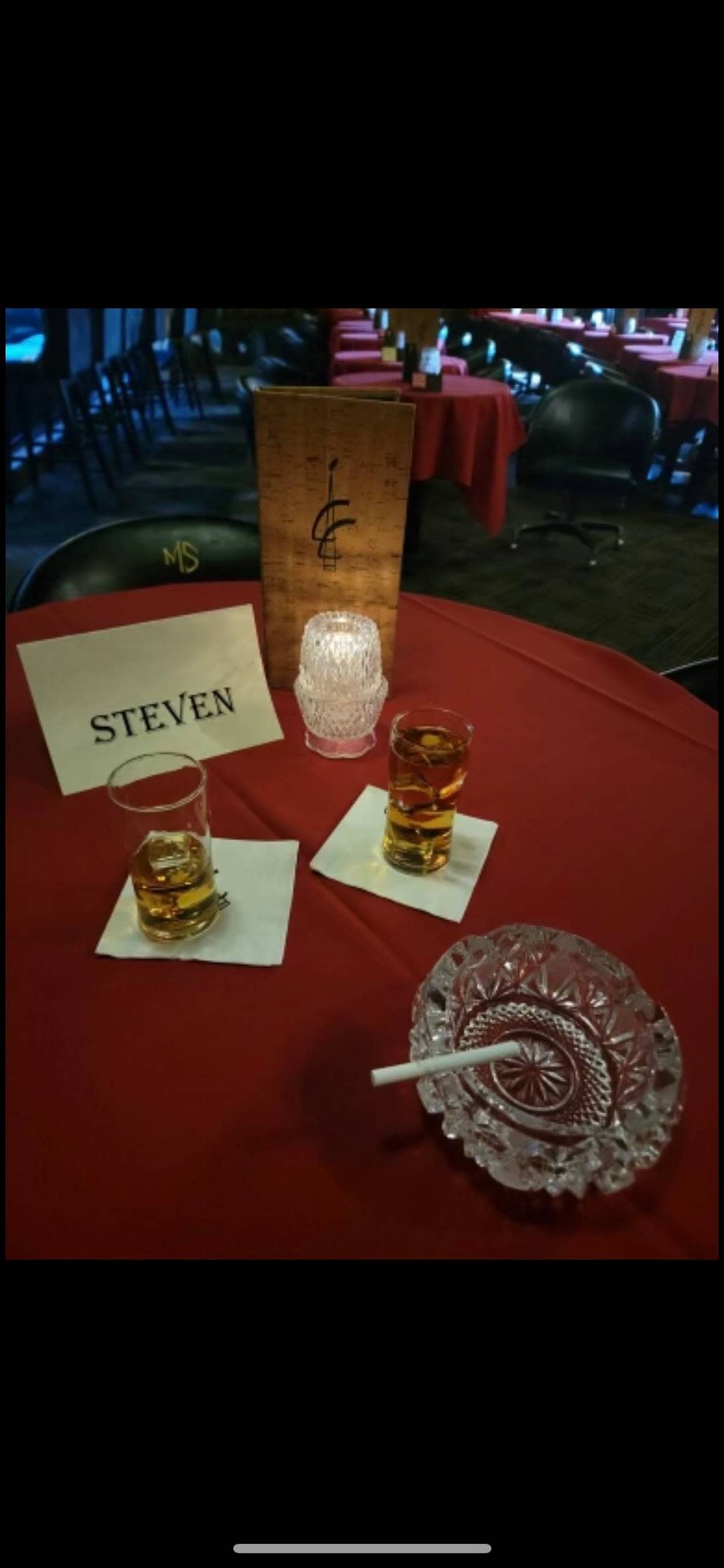In honor of the late Mike Steven, the Candle Club last week didn’t seat anyone at his table, which had a sign with his name on it, an unlit cigarette in an ashtray and his favorite Ten High bourbon with a splash of water.