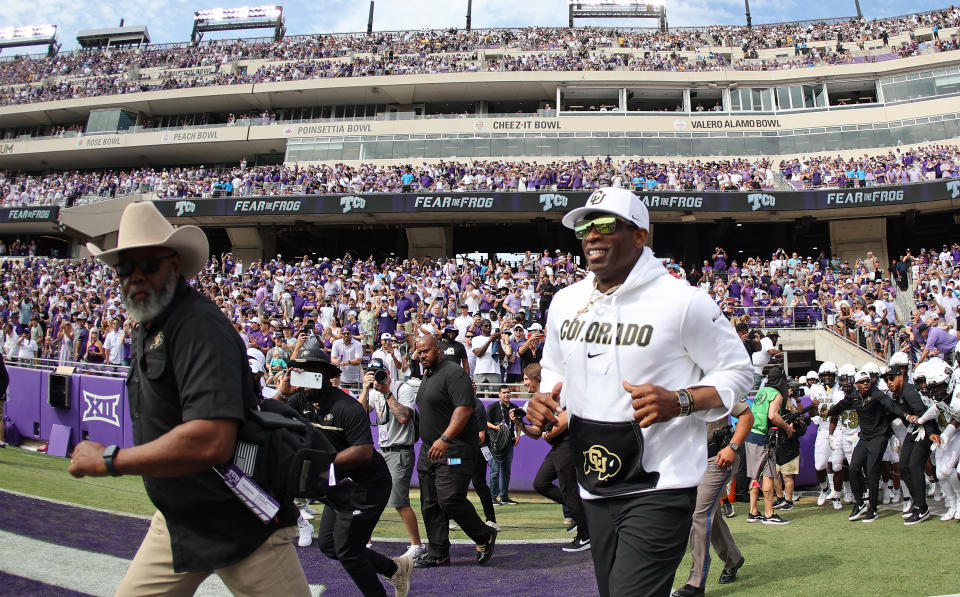 FORT WORTH, TX - SEPTEMBER 2: Head coach Deion Sanders of the Colorado Buffaloes takes the field before the game against the TCU Horned Frogs at Amon G. Carter Stadium on September 2, 2023 in Fort Worth, Texas. (Photo by Ron Jenkins/Getty Images)