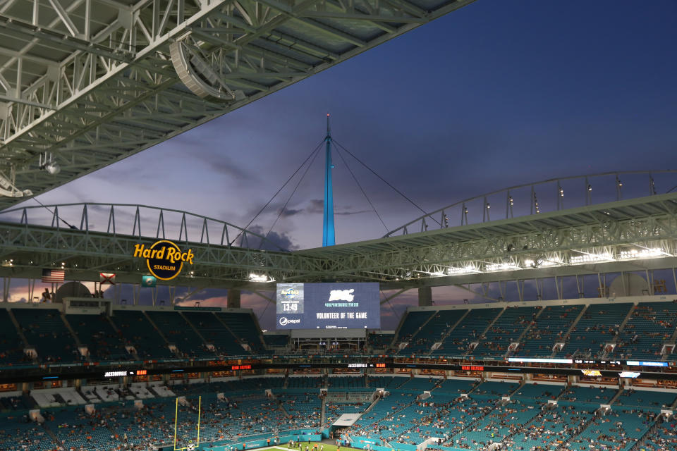 A general overview of Hard Rock Stadium prior to an NFL preseason game between the Jacksonville Jaguars and the Miami Dolphins, Thursday, Aug. 22, 2019, in Miami Gardens, Fla. (Margaret Bowles via AP)