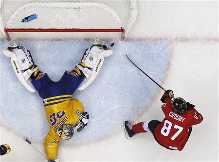 Canada's Crosby scores past Sweden's goalie Lundqvist on a breakaway during the second period of their men's ice hockey gold medal game at the Sochi 2014 Winter Olympic Games