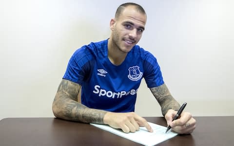 Sandro Ramirez in happier days signing paperwork at Everton - Credit: Getty Images