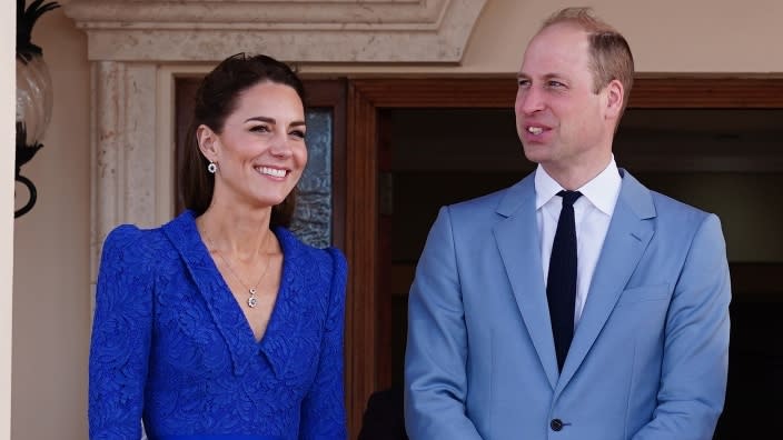 Catherine, Duchess of Cambridge (left), and Prince William, Duke of Cambridge, appear in Belize City as they began their royal tour of the Caribbean on behalf of the Queen to mark her Platinum Jubilee. (Photo: Jane Barlow – Pool/Getty Images)