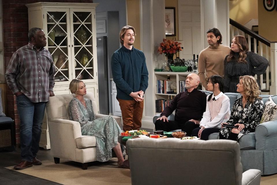 Chuck ( Jonathan Adams), left, Mandy (Molly McCook), Kyle (Christoph Sanders), Ed (Hector Elizondo), Ryan (Jordan Masterson), Jen (Krista Marie Yu), Kristin (Amanda Fuller) and Vanessa (Nancy Travis) attend the memorial for Mike's stolen pickup truck in the series finale of Fox's "Last Man Standing."